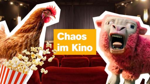 Ein Kinosaal, im Vordergrund rechts ein Schaf aus dem Minecraft-Film, links ein Hahn und verschüttetes Popcorn. In der Mitte der Text "Chaos im Kino".
