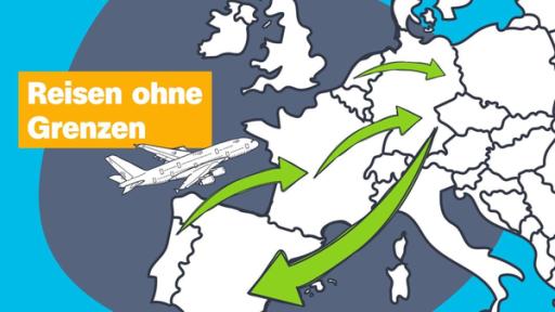 Ein gezeichnetes Flugzeug über der Europakarte. Links der Schriftzug: "Reisen ohne Grenzen". 