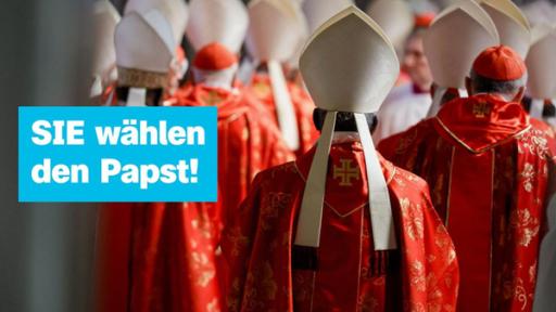 Sendung 7. Mai | Rechte: ZDF Viele Kardinäle sind von hinten zu sehen, daneben ein Schriftzug: SIE wählen den Papst.