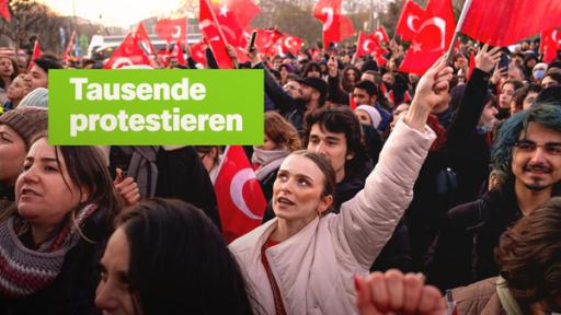 Eine protestierende Menge, die türkische Fahnen in der Luft schwenken.