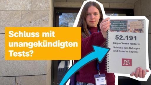 Sendungsteaser 8. April 2025 | Rechte: ZDF Ein Mädchen hält eine Petition in den Händen, links daneben der Schriftzug: "Schluss mit unangekündigten Tests?"