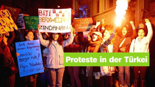 Sendungsteaser 10. April 2025 | Rechte: ZDF Protestierende Menschengruppe halten Schilder hoch. Rechts der Schriftzug: "Proteste in der Türkei".
