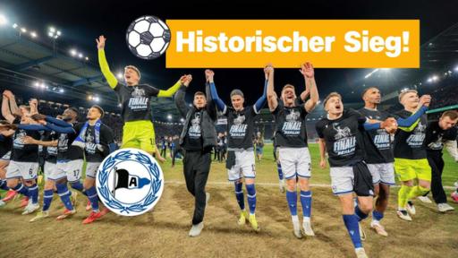 250402_logo_thumb | Rechte: ZDF Eine feiernde Fußballmannschaft, darüber steht "Historischer Sieg"