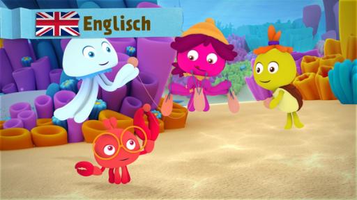 Rechte: KiKA/Bigchild Entertainment A knitting pink octopus, a shimmering jellyfish, a red crab with glasses and a yellow turtle.