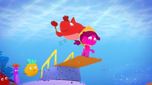 Rechte: KiKA/Bigchild Entertainment Riesenhai Heidi ermutigt das Krakenmädchen Maari, von einem Sprungbrett zu springen.