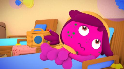 Rechte: KiKA/Bigchild Entertainment Krakenmädchen Maari liegt krank im Bett mit grünen Flecken im Gesicht, neben einem Radio.