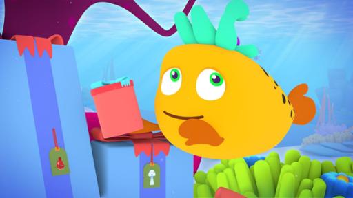 Rechte: KiKA/Bigchild Entertainment Das gelbe Kugelfischmädchen Buba hält ein Geschenk. Sie lächelt und schaut nachdenklich.