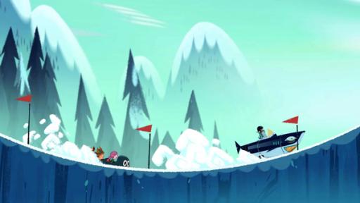 Das Bobrennen | Rechte: 2015 Mondo TV France - Pictanovo - ZDF Enterprises - TF1 - All rights reserved Ephi, Marcus und Ratrick (links) sitzen in einem Pinguinschlitten und fahren Vipkrad hinterher, der in einem Haimobil sitzt und einen leichten Vorsprung hat. Für sie geht es bergauf und bergunter.