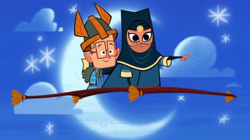 Marcus und die Wüstenprinzessin fliegen gemeinsam auf einem Teppich durch den Himmel in Richtung Palast, um den Brandstifter zu finden, der die Zelte des Wüstenstammes angezündet hat.
