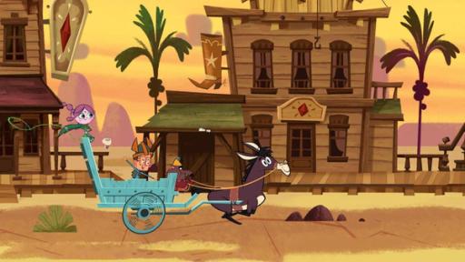 Ein glorreiches Muli | Rechte: 2015 Mondo TV France - Pictanovo - ZDF Enterprises - TF1 - All rights reserved Ephi (links), Marcus (Mitte) und Ratrick (rechts) fahren im Wilden Westen auf dem Muli-Express durch die Stadt Smalltown. Ratrick hält als Kutscher die Zügel in der Hand, Marcus verteilt beim Fahren das Smalltown-Blatt und Ephi sammelt mit ihrem Lasso fleißig Möhrenbonus, damit das Muli schneller läuft und sie doch noch gegen Vipkrads Turbo-Post gewinnen können.
