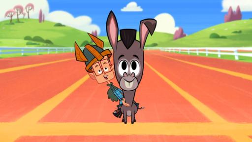 Ein Königreich für ein Pony | Rechte: 2015 Mondo TV France - Pictanovo - ZDF Enterprises - TF1 - All rights reserved Marcus befindet sich auf einer Pferderennbahn und sitzt auf seinem Esel. Er wartet gespannt darauf, dass der Wettbewerb gegen Vipkrad losgehen kann.