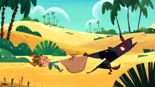 Ich allein! | Rechte: 2015 Mondo TV France - Pictanovo - ZDF Enterprises - TF1 - All rights reserved Marcus und einer der vierzig Räuber ziehen jeweils an einem Ende des Stoffsackes, indem alle Einkäufe von Marcus verstaut sind. Keiner der beiden gibt nach, dabei braucht Marcus die Sachen doch dringend für seine nächste Mission.