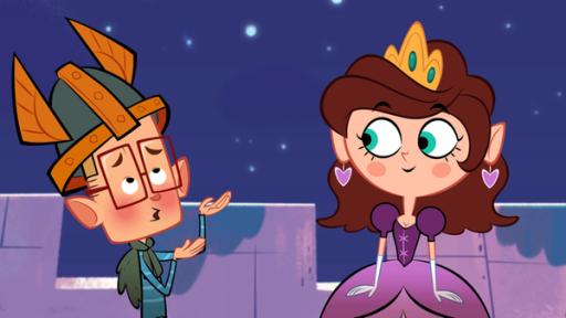 Prinzessin Lula | Rechte: 2015 Mondo TV France - Pictanovo - ZDF Enterprises - TF1 - All rights reserved Marcus (links) und Prinzessin Lula (rechts) stehen auf einem Turm und schauen sich gegenseitig verliebt an. Prinzessin Lula hat braune lockige Haare, trägt eine Krone mit blauen Steinen auf dem Kopf sowie Herzohrringe in rosa und dazu ein passendes lilafarbendes Kleid. Marcus hat ganz rote Backen und ist verlegen, während er ihr eine Liebeserklärung macht.