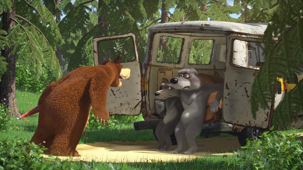 Der Bär lacht die Wölfe aus, denn ihr Wagen ist völlig hinüber.