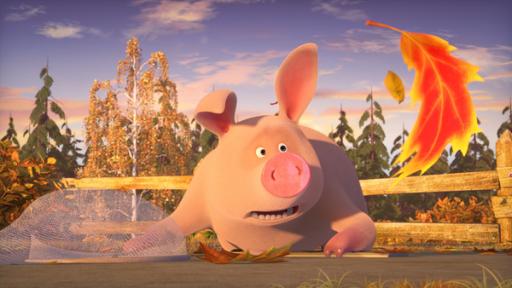 Rechte: KiKA/Animaccord LTD Das Schwein entdeckt den Herbst und ein ganz besonders schön gefärbtes Laubblatt.