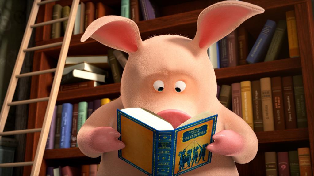 Das Schwein liest "Die drei Musketiere".