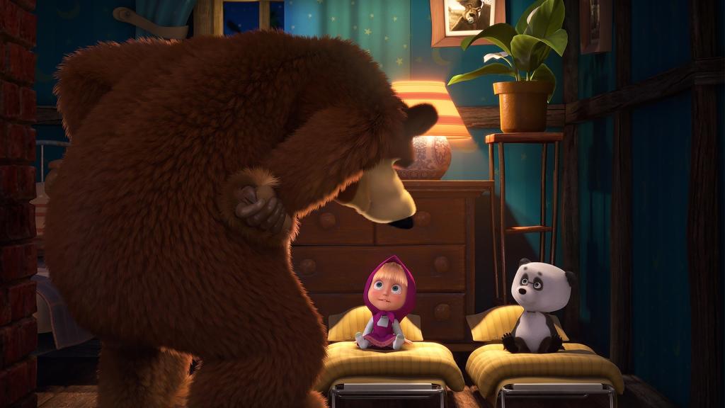 Der Bär knöpft sich Mascha und Panda vor. 
