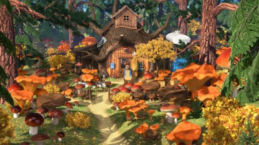 Rechte: KiKA/Animaccord Animation Studio Der Bär steht mit offenem Mund vor dem Haus. Er kann seinen Augen nicht trauen. Der ganze Wald ist voller riesiger Pilze.