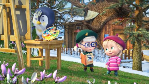 Rechte: KiKA/Animaccord Animation Studio Dascha hat ein Vogelbuch in der Hand. Sie hat gemeinsam mit Mascha einen Pinguin entdeckt, der auf einer Leinwand etwas malt.