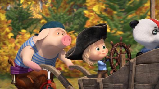 Rechte: KiKA/Animaccord Animation Studio Mascha und ihre Freunde haben sich als Piraten verkleidet. Sie haben einen Wagen umgebaut, sodass er einem Schiff ähnelt.