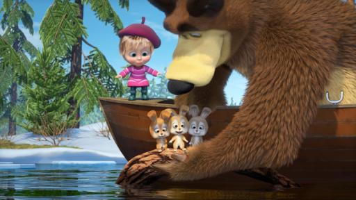 MDP - Mascha weiß es am besten 1 | Rechte: KiKA/Animaccord Animation Studio Mascha und der Bär sind in einem kleinen Boot unterwegs. Sie haben drei kleine Häschen auf einem Stein entdeckt. Der Bär nimmt sie auf den Arm und bringt sie in dem Boot in Sicherheit.