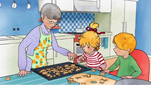 Conni lernt backen | Rechte: ZDF Conni und Simon backen Plätzchen. Connis Oma hilft dabei, die Plätzchen auf das Backblech zu legen.
