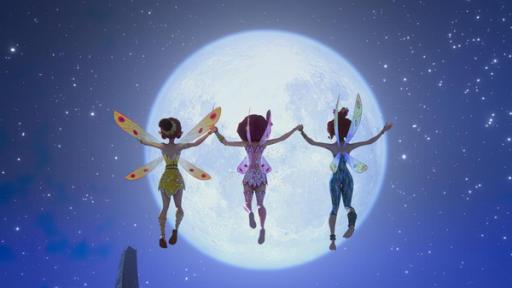 Blauer Sternenhimmel und ein riesiger, voller Mond, der leuchtet: Davor (von hinten zu sehen) fliegen Mia (Mitte), Yuko (links) und Yukos Schwester Kuki (rechts) auf den Mond zu. man sieht sie von hinten. Sie halten sich an den Händen.