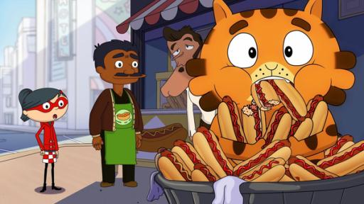 Mirette - Folge 9 | Rechte: CYBER GROUP STUDIOS - ARD/WDR- KD PRODUCTIONS TOONS&GAMES - TELEVISIÓ DE CATALUNYA, SA - 2016 Jean Cat bei der Hotdog-„Recherche“