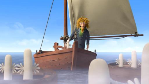 Der Ruf der Hatifnatten | Rechte: ©Moomin Characters™ ©Gutsy Animations 2022 Auf einem Segelboot stehen der Fischer (Mitte rechts) mit einem kleinen länglichen Wesen mit zwei winzigen Ärmchen mit Fingern (Mitte). Vor ihnen in anderen Booten, die im Meer fahren, stehen andere Hatifnatten und schauen ihnen entgegen.