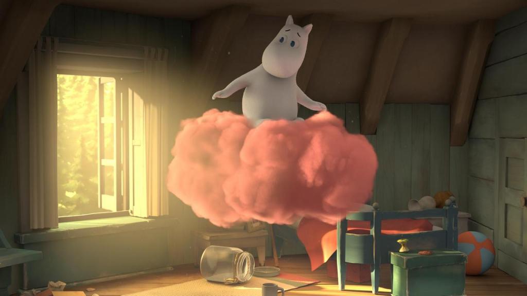 Mumintroll (Mitte) schwebt mitten in seinem Zimmer auf einer flauschig aussehenden, rosa Wolke. Er sieht etwas verunsichert aus.