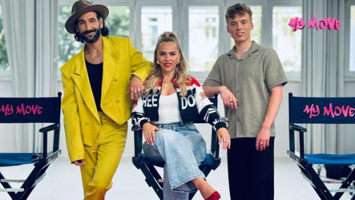 MY MOVE – Tanz deines Lebens S04 - Folge 16 | Rechte: STARSHIP-Film Massimo Sinató, Sarah Hammerschmidt und Iggi Kelly (v.l.n.r.) am Coachestag (Quelle: STARSHIP-Film)