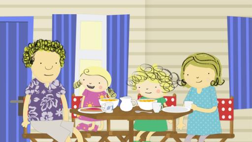 Rechte: KiKA/Geronimo Productions Die feuchte Luft lässt Papas Haar wachsen. Das bringt Nora, Nele und Mama zum Lachen.