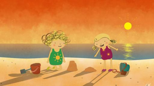 Rechte: KiKA/Geronimo Productions Nora und Nele sind am Strand, wo die Sonne langsam untergeht.