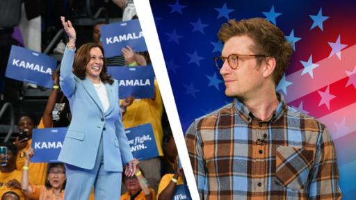 Reporter Robert schaut zur Seite auf ein Foto von Kamala Harris, die ihren Unterstützern bei einer Wahlkampfveranstaltung zuwinkt.