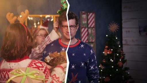 Gemeinsam statt einsam - Freude schenken an Weihnachten | Rechte: WDR | tvision Robert steht mittig, das Bild ist zweigeteilt: Auf der linken Seite herrscht gesellige Weihnachtsstimmung und Robert bekommt Plätzchen und Geschenke angeboten. Rechts wirkt Robert einsam unter dem Weihnachtsbaum.