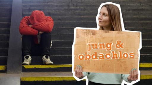 Jung und obdachlos | Rechte: WDR | tvision Ein Jugendlicher sitzt auf einer Treppe im öffentlichen Raum und hat den Kopf auf die verschränkten Arme gelegt. Davor ist Reporterin Jana eingeblendet. Sie hält ein Pappschild in der Hand, auf dem der Schriftzug "jung & obdachlos" eingeblendet ist.