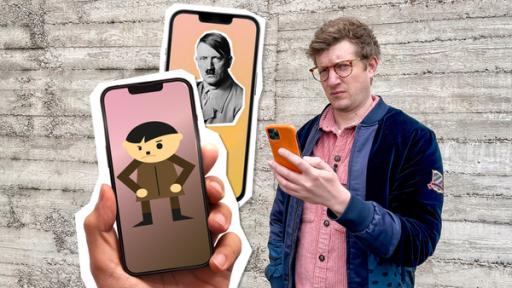 Krasse Memes - Hitler im Klassenchat | Rechte: WDR/tvision Robert hält sein Smartphone in der Hand und schaut skeptisch in die Kamera. Links neben ihm sind zwei Smartphones eingeblendet, auf dem einen Display ist ein Foto von Adolf Hitler zu sehen, auf dem anderen eine grafische Darstellung von ihm.