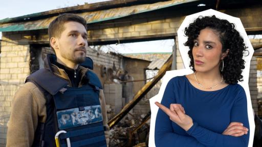 Krasser Job - Berichten aus dem Krieg | Rechte: WDR | tvision ARD-Korrespondent Vassili Golod steht im Kriegsgebiet in der Ukraine. Daneben eingeblendet ist neuneinhalb-Reporterin Tessniem.