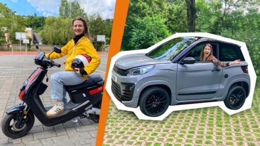 Mofa und Microcars – Mobil auf dem Land | Rechte: WDR | tvision neuneinhalb-Reporterin Jana Forkel sitzt auf einem E-Mofa. Neben ihr im Splitscreen ist ein Microcar zu sehen.