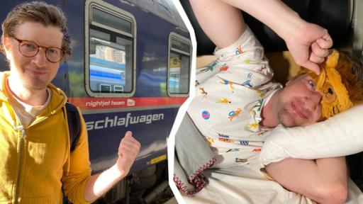 Nachhaltig reisen - Robert nimmt den Nachtzug | Rechte: WDR | tvision Zwei Fotos nebeneinander: Links im Bild: Reporter Robert steht vor einem Zug. Rechts im Bild: Robert liegt mit einer Plüsch-Schlafmaske auf den Augen im Nachtzug.