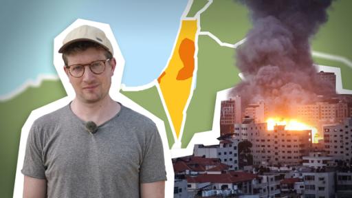 neuneinhalb kompakt - Krieg in Nahost | Rechte: WDR Reporter Robert schaut ernst in die Kamera. Hinter ihm ist eine Landkarte von Israel zu sehen sowie Feuer und Rauch nach einem israelischen Luftangriff auf Gaza.