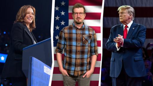 neuneinhalb kompakt: Wahlen in den USA | Rechte: WDR/tvision Reporter Robert mittig, rechts ist ein Foto von Kamala Harris, links ein Foto von Donald Trump.