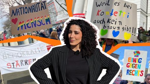 Rechts und rechtsextrem - Was ist das? | Rechte: WDR | tvision Reporterin Tessniem blickt ernst in die Kamera. Im Hintergrund eine Collage verschiedener Plakate einer Demonstration für Demokratie und gegen Rechtsextremismus.