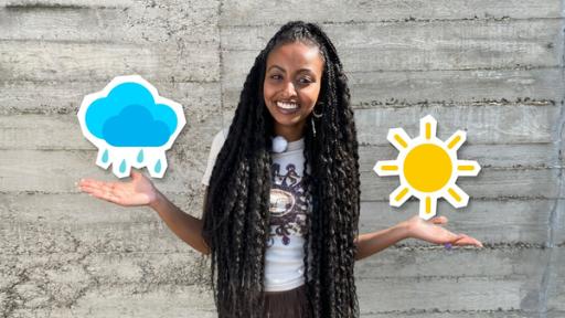 Sonne, Wolken, Regen - Wie entsteht die Wettervorhersage? | Rechte: WDR Luam hält in der einen Hand eine Sonne, in der anderen eine Regenwolke