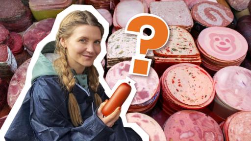 Was steckt drin in der Wurst? | Rechte: WDR | tvision Hintergrundbild: picture alliance/dpa/Patrick Pleul Jana hält in der Hand eine Schinkenwurst, neben ihr ist ein Fragezeichen. Im Hintergrund ist das Bild einer Wursttheke eingeblendet.