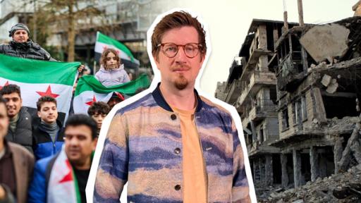 Wie geht's weiter in Syrien? | Rechte: WDR | tvision Robert schaut ernst. Der Hintergrund ist gesplittet. Auf der einen Seite freuen sich Menschen über den Sturz von Bashar al-Assad, auf der anderen Seite sieht man vom Krieg zerstörte Häuser.
