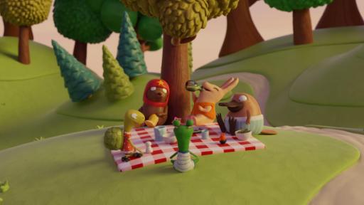 Nö-Nö und seine Freunde sitzen zusammen auf einer karierten Picknick-Decke.