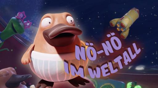 Nö-Nö im Weltall | Rechte: MIAM! Nö-Nö, das Schnabeltier steht in einer Weltraumkulisse. Neben ihm fliegt eine kleine Rakete. In großen Buchstaben steht "Nö-Nö im Weltall".