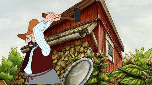 Aufruhr im Gemüsebeet | Rechte: ZDF Pettersson steht vor seinem Haus, kümmert sich um seinen Hof und hackt Holz.