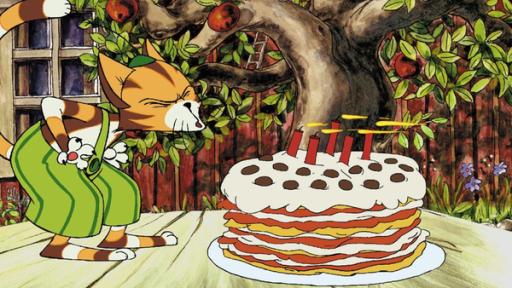 Pettersson und Findus | Rechte: ZDF Findus bläst die fünf Kerzen auf seiner Pfannkuchen-Geburtstagstorte aus.